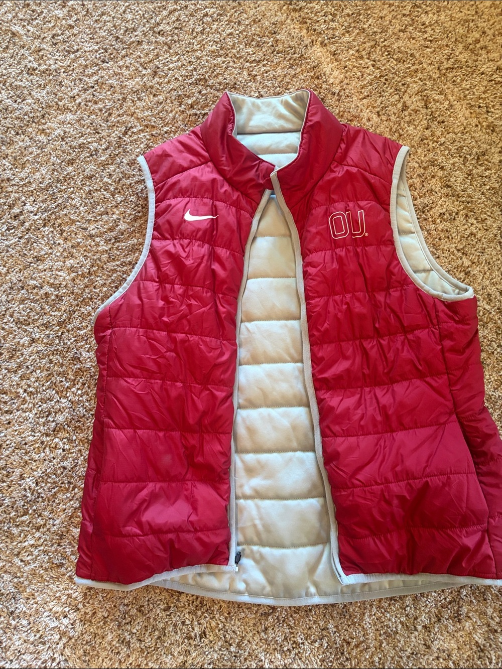 Nike Women’s Red Reversible Puffer Vest with OU Logo